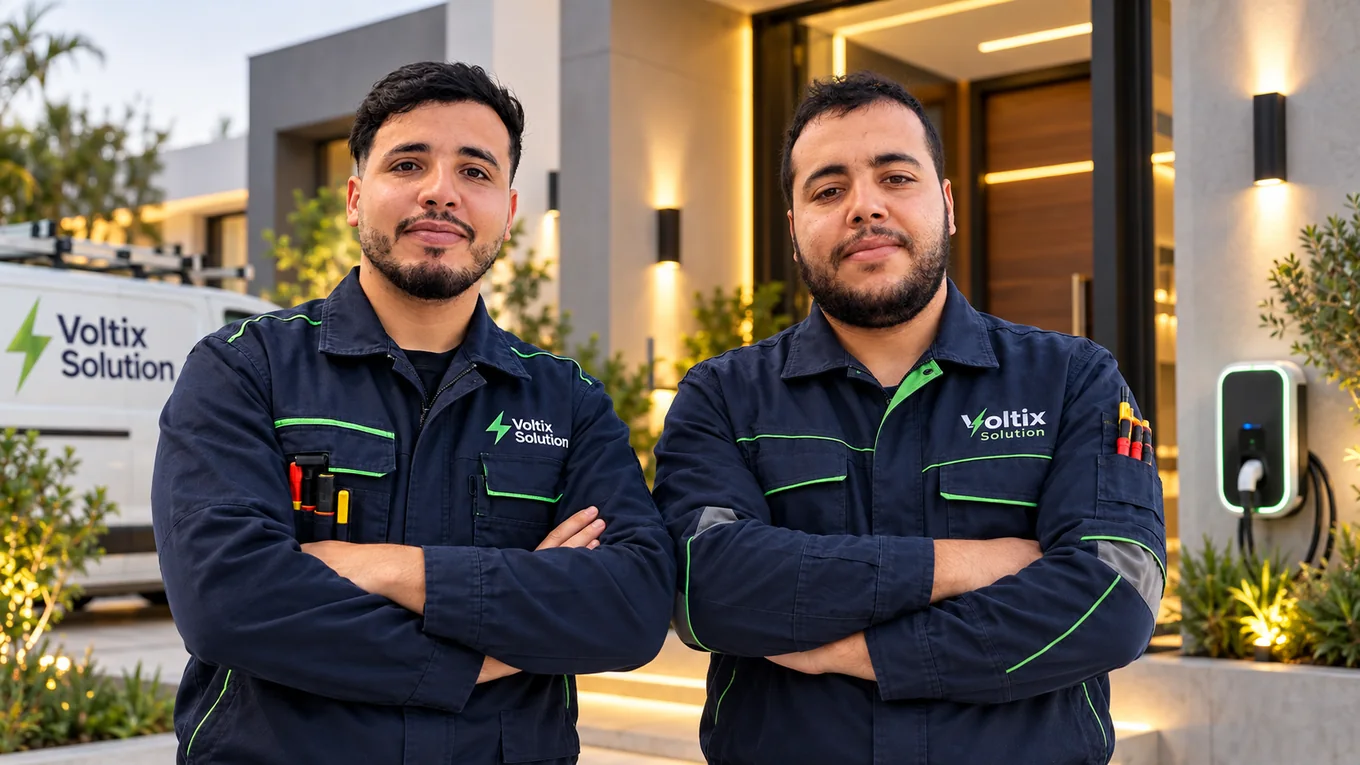 Portrait d'équipe illustratif : Mostopha et Laarbi, côte à côte en tenue Voltix Solution